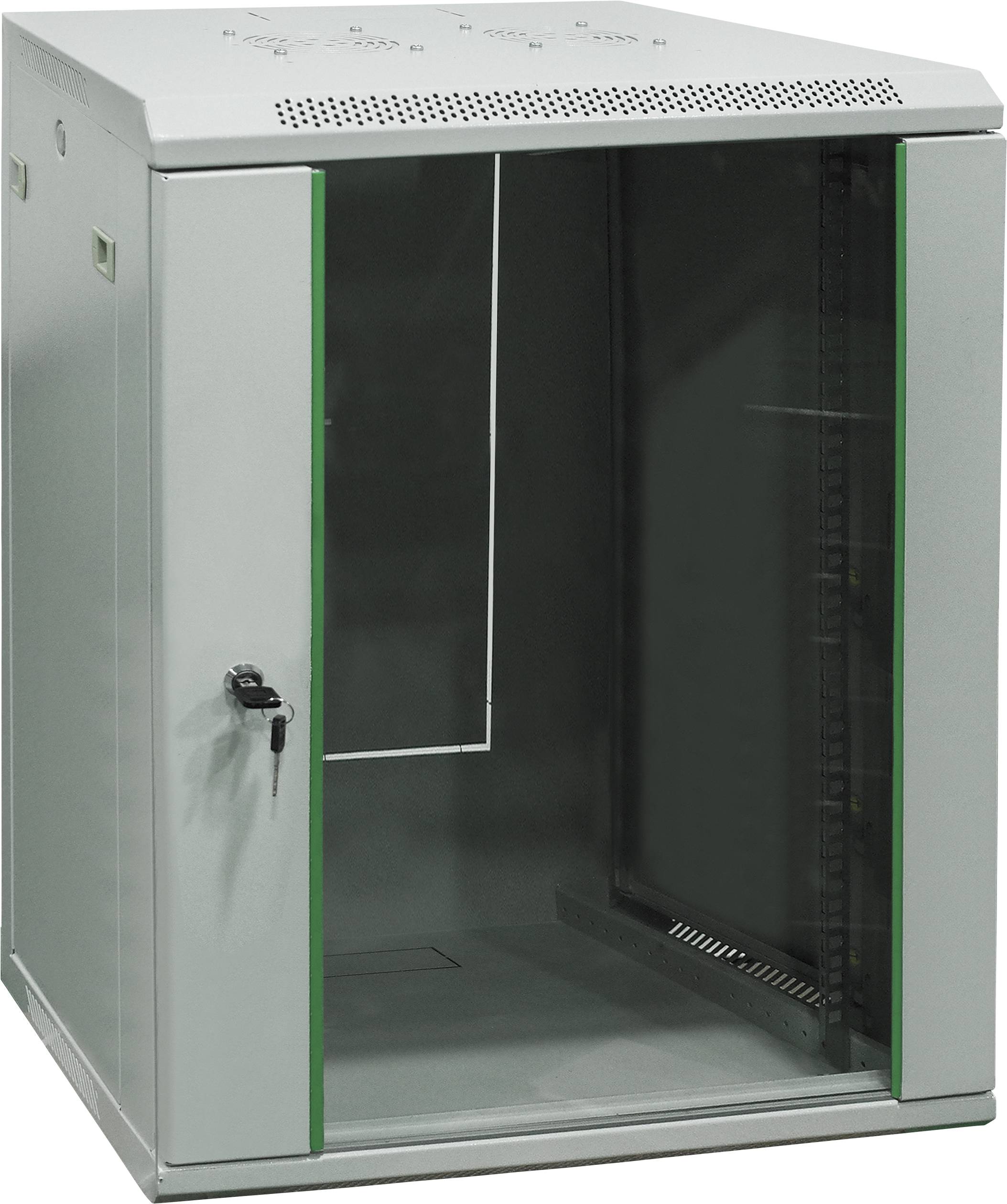 Armoire de serveur en métal avec porte vitrée, ouverte sur le côté gauche, adaptée pour l'hébergement d'équipements réseau et de câbles.