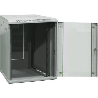 Armoire murale métallique ouverte avec panneau de porte en verre transparent, adaptée pour héberger des équipements réseau ou des serveurs.