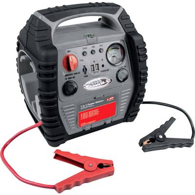 Chargeur de batterie portable avec compresseur intégré, deux câbles avec pinces pour batteries de voiture, manomètre et port USB.