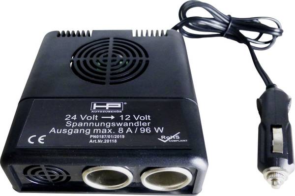 HP Autozubehör 20118 24V > 12V Convertisseur de tension 96 W 1 pc(s) (L x l x H) 11.5 mm x 11 cm x 4.5 cm Tension de sortie (détails)=12 V Tension de fonctionnement=24 V 8 A