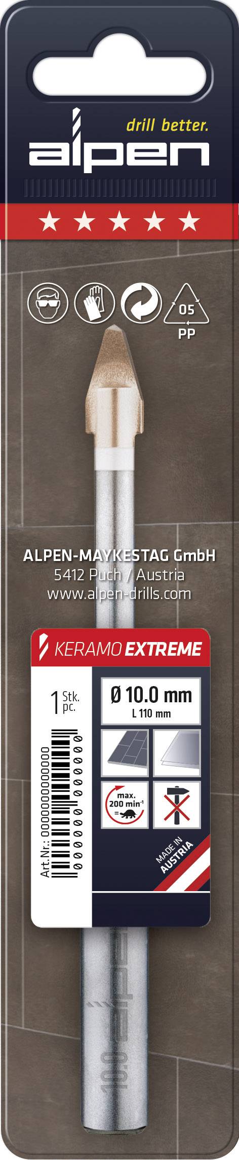 Foret des Alpes de 10 mm de diamètre, adapté aux matériaux extrêmement durs. Le design de l'emballage présente la marque et les spécifications du produit.