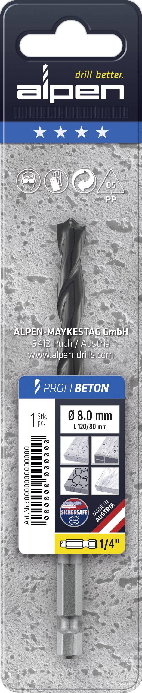 'Apens Profit Béton Foret', avec un diamètre de 8,0 mm, sur un emballage avec un fond en béton gris et des accents bleus.