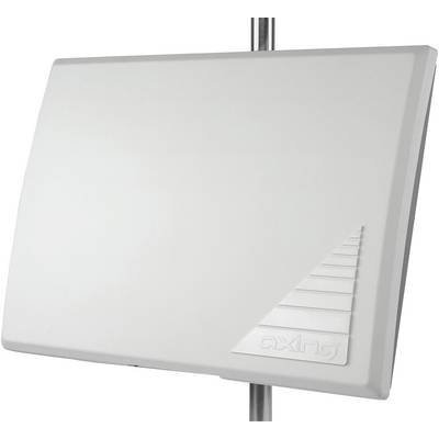 Antenne extérieure blanche rectangulaire montée sur un mât, au design minimaliste avec un logo dans le coin inférieur droit.