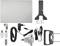 Kit d'antenne satellite avec amplificateur de signal, support, câbles et vis de fixation pour installation.