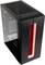 Boîtier d'ordinateur noir, vertical, avec une bande LED rouge à l'avant et une fenêtre latérale en verre, montrant l'agencement intérieur.