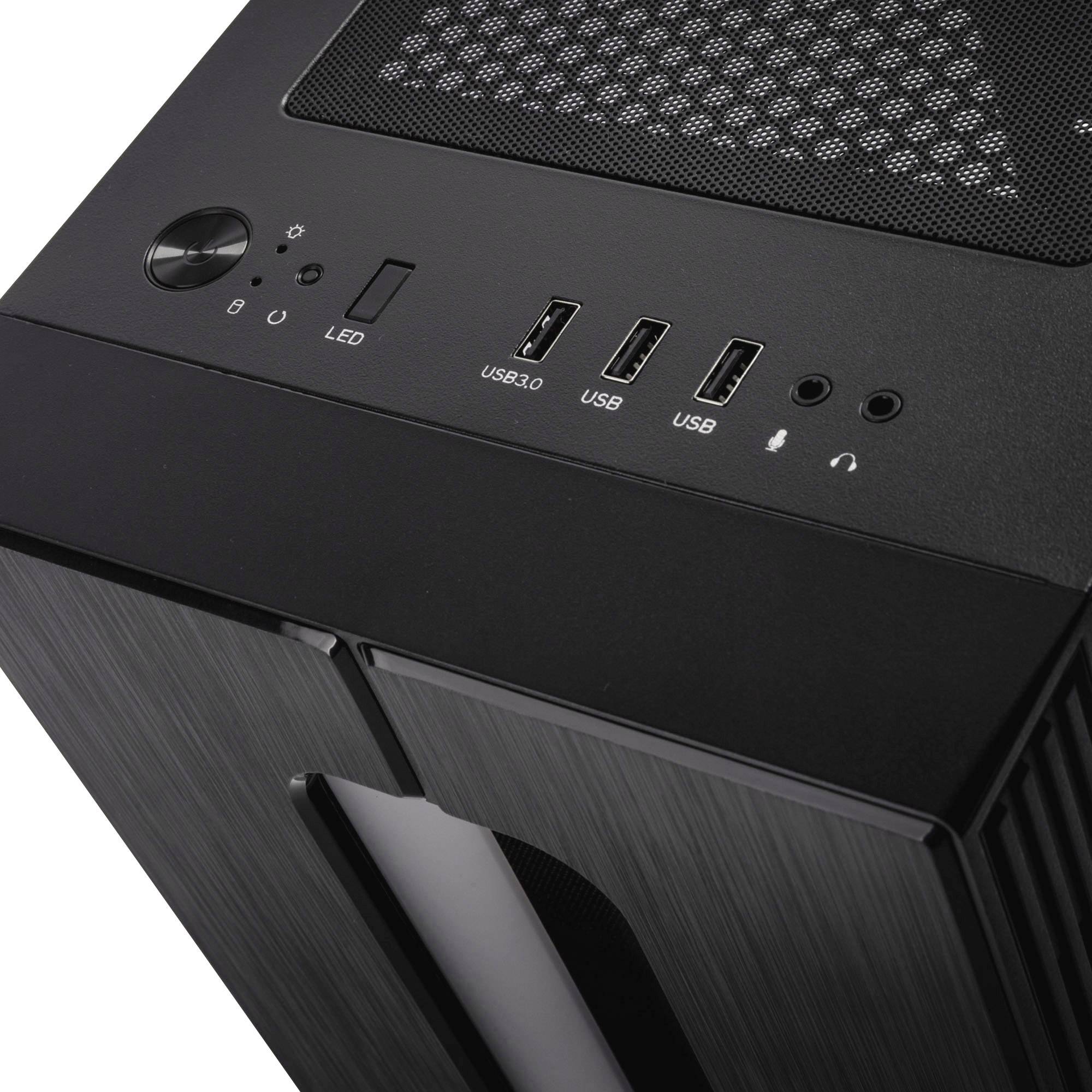 Boîtier d'ordinateur noir avec bouton d'alimentation, indicateur LED, deux ports USB 3.0, deux ports USB 2.0, prise audio en haut.