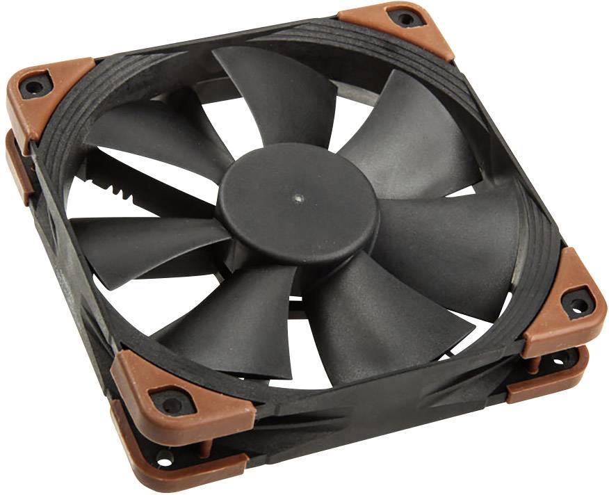 Ventilateur d'ordinateur avec boîtier noir, pales noires et supports d'angle bruns pour l'amortissement des vibrations.