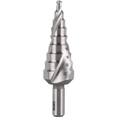 Un foret étagé en métal avec plusieurs diamètres de 14 à 20 mm, adapté pour percer des trous de différentes tailles dans des métaux.