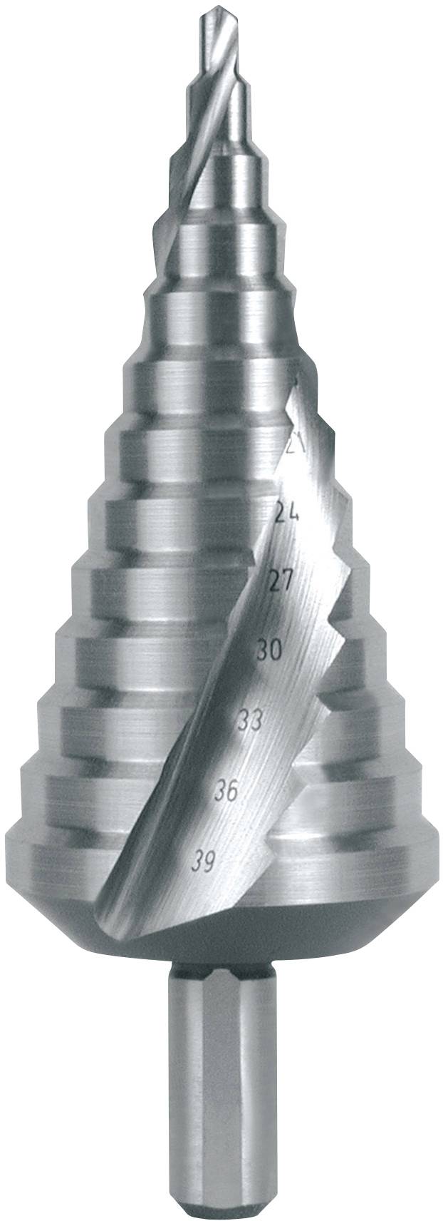 Un foret conique à étages métallique avec plusieurs diamètres, servant à percer des trous de différentes tailles.