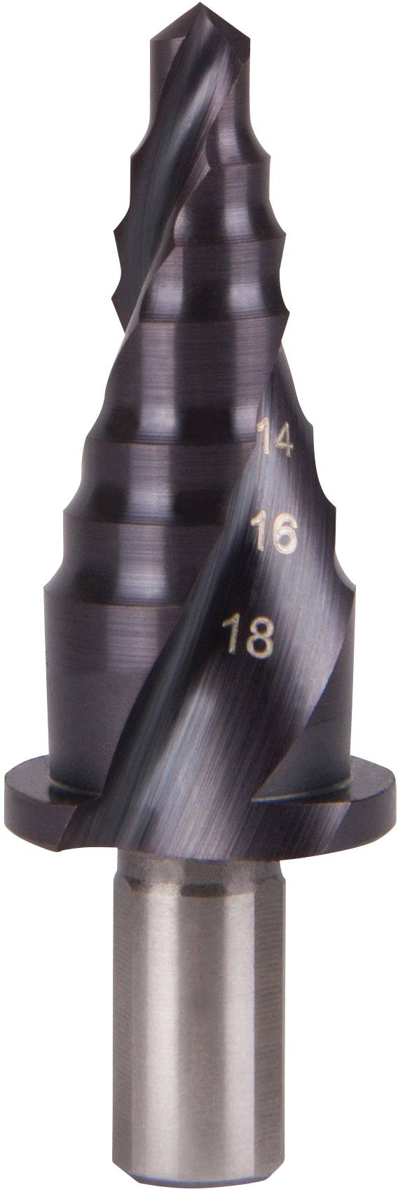 Un foret étagé avec plusieurs étapes de coupe, numéros 14, 16, 18 gravés. Outil permettant de percer des trous de différentes tailles.