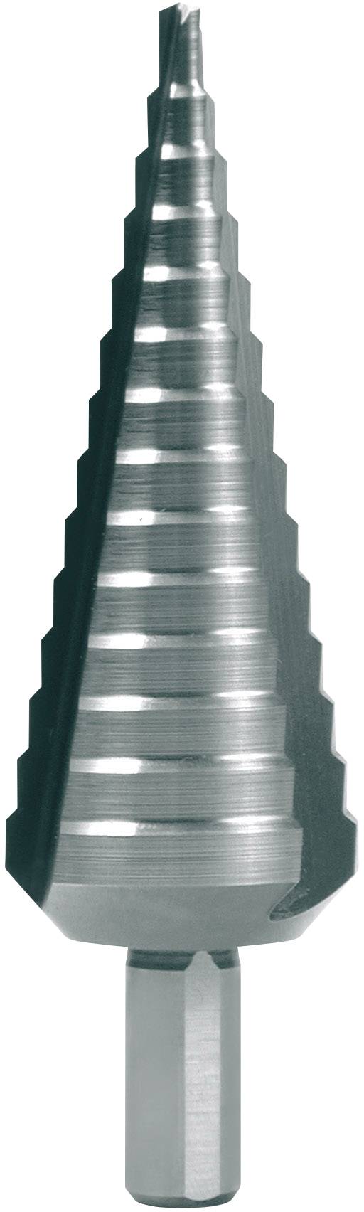 Foret étagé en métal avec plusieurs étages de coupe, adapté pour percer des trous de différentes tailles dans des matériaux fins comme la tôle.
