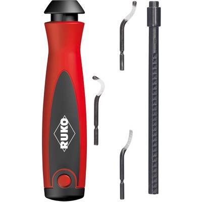 Ensemble de fraises rotatives rouge avec manche noir, marque 'RUKO'. Comprend différentes fraises et tiges, adapté pour le traitement de surfaces métalliques.