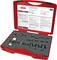Coffret à outils rouge ouvert contenant un ensemble de poinçons à trous et ses accessoires. Le couvercle présente un mode d'emploi et des informations sur le produit en allemand et en anglais.