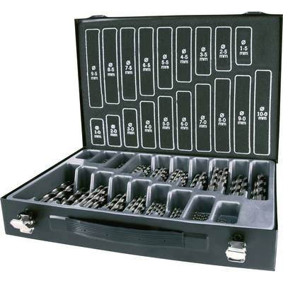 Coffret de forets de différentes tailles allant de 1,0 mm à 10,0 mm, dans un coffret noir ouvert avec des compartiments organisés.