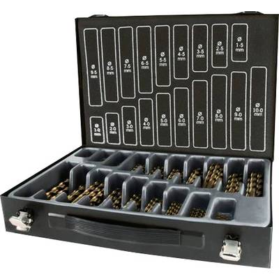 Valise ouverte contenant différentes vis rangées dans des compartiments, étiquetés selon leur diamètre (de 0,5 mm à 10 mm).