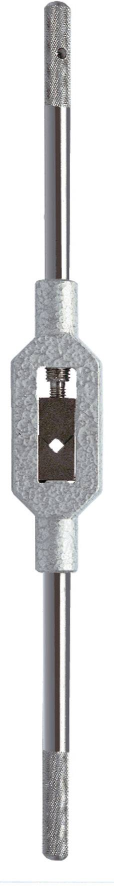 Outil de coupe métallique à deux longues poignées et un support central pour un taraud, utilisé pour le filetage manuel.