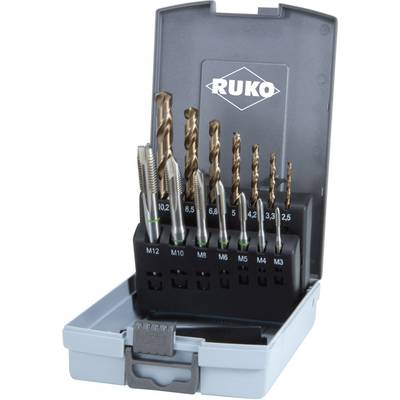 Un ensemble de forets et de tarauds en métal de différentes tailles dans un coffret gris ouvert portant le logo 'RUKO' sur le couvercle.