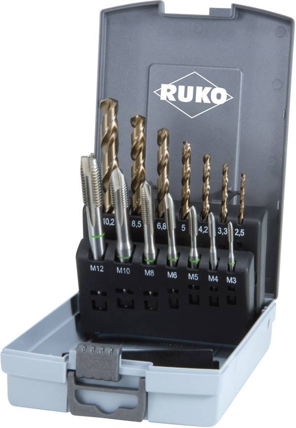 RUKO 245051RO Set de tarauds pour machine 14 pièces métrique M3, M4, M5, M6, M8, M10, M12 coupe à droite DIN 371, DIN 376 HSSE-Co 5 forme B 1 set
