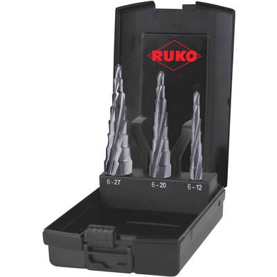 Trois forets étagés dans un étui noir avec le logo rouge 'Ruko'. Tailles : 6-27, 6-20 et 6-12 mm.