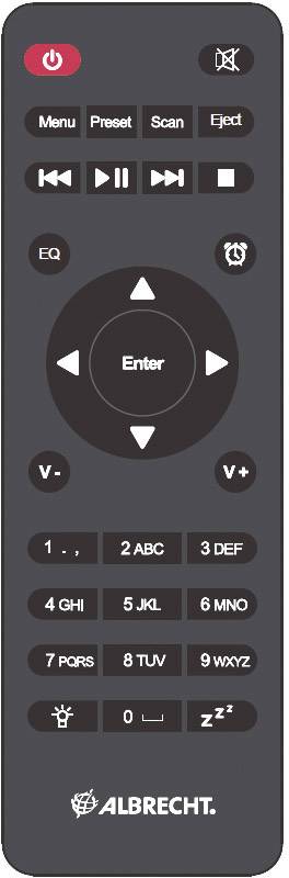Télécommande avec touches pour Power, Volume, Menu, EQ, Numéros 0-9 et fonctions telles que Scan et Éjecter. Marque Albrecht.