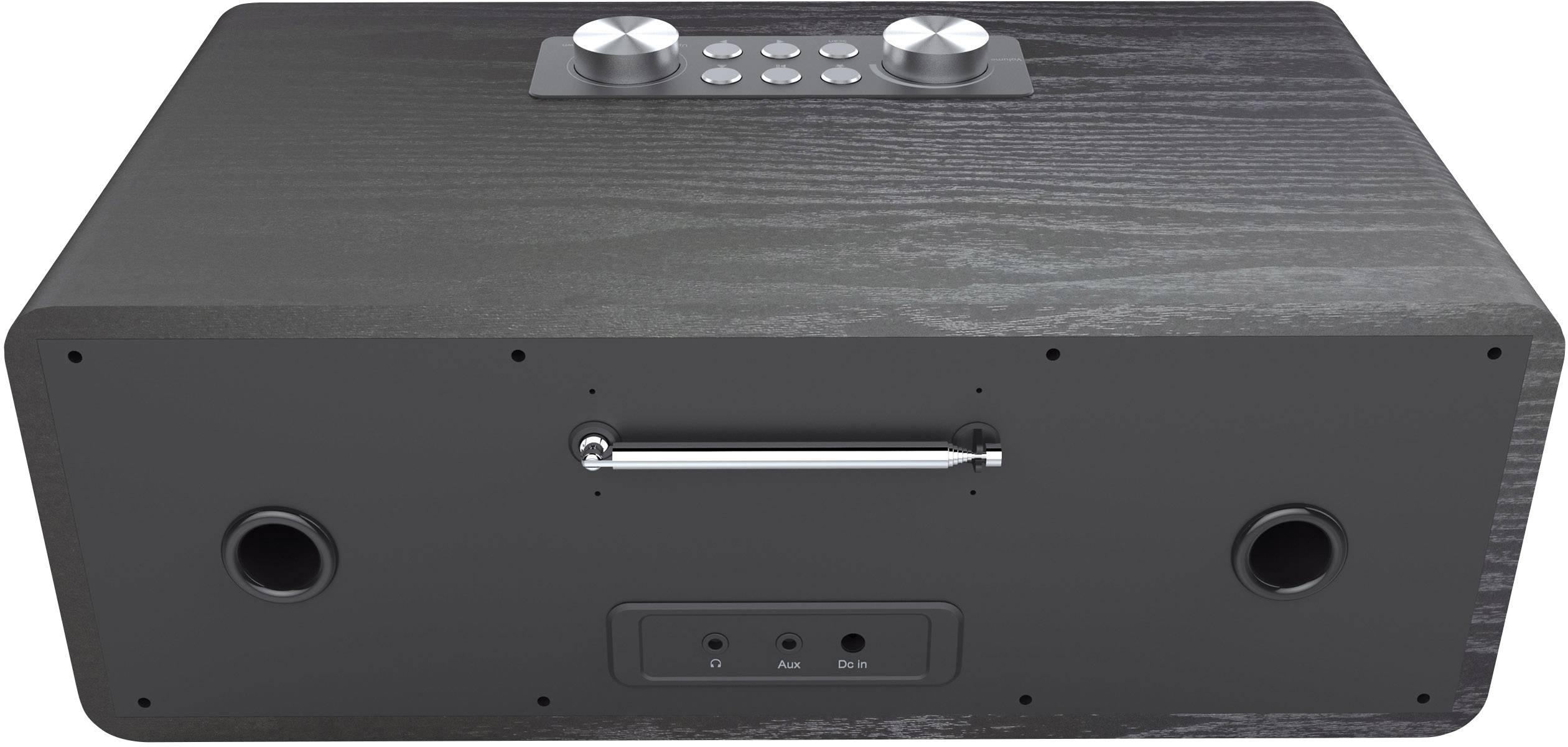 Haut-parleur noir avec un boîtier en bois, doté de boutons et de potentiomètres en haut pour le contrôle. Le dos présente des connexions et une poignée de transport.