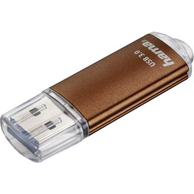 Clé USB brune portant l'inscription 'Hama USB 3.0', avec des capuchons transparents aux deux extrémités, adaptée au stockage de données.