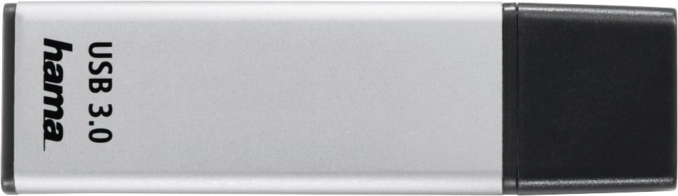 Une clé USB argentée avec une extrémité noire sur laquelle est inscrit « USB 3.0 hama ».