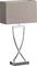 Lampe de table moderne avec un abat-jour rectangulaire beige et un pied en métal argenté incurvé.