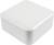 Un boîtier en plastique blanc, carré, avec des coins arrondis, qui semble servir de couvercle ou de protection pour un dispositif technique.