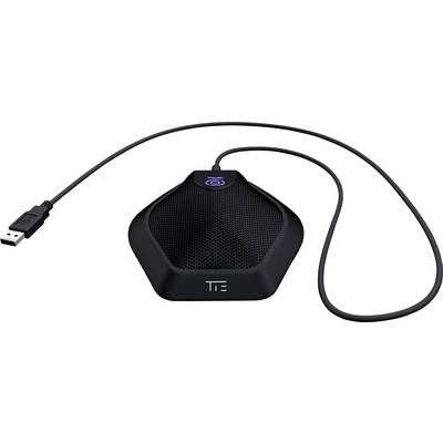 Un microphone noir hexagonal avec un câble de connexion USB. Un voyant LED bleu est situé en haut, le microphone est adapté aux enregistrements vocaux.