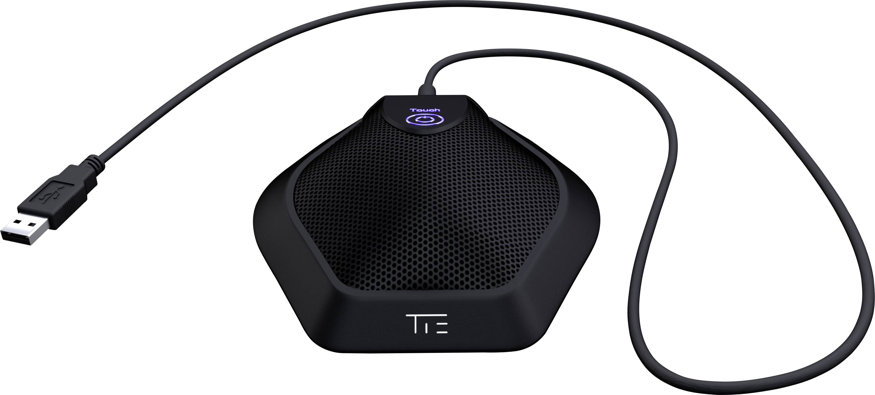 Microphone USB noir portable sur un fond de table. Adapté pour les réunions ou les conférences. Avec une grille de haut-parleur circulaire.