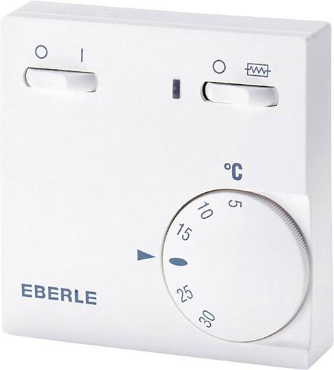 Un thermostat analogique blanc avec bouton rotatif et échelle de 5 à 30 degrés Celsius. Deux interrupteurs à bascule en haut, portant l'inscription 'EBERLE'.