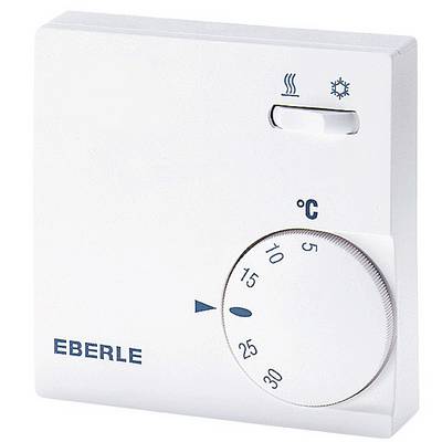 Un thermostat d'ambiance blanc avec le logo Eberle. Molette de réglage indiquant des températures de 5 à 30 degrés Celsius, avec un sélecteur pour les modes chauffage et refroidissement.