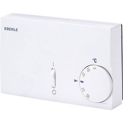 Un thermostat blanc avec un bouton rotatif et des chiffres indiquant la température en degrés Celsius sur la droite, de marque 'EBERLE'.