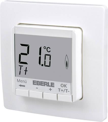 Un thermostat numérique affiche une température de 21°C. En dessous se trouvent trois touches portant les intitulés 'Menu', '+', '-' et 'OK'.