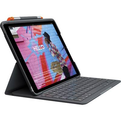 Tablette avec clavier sur support, montrant une image d'une personne devant un mur coloré portant l'inscription HELLO.