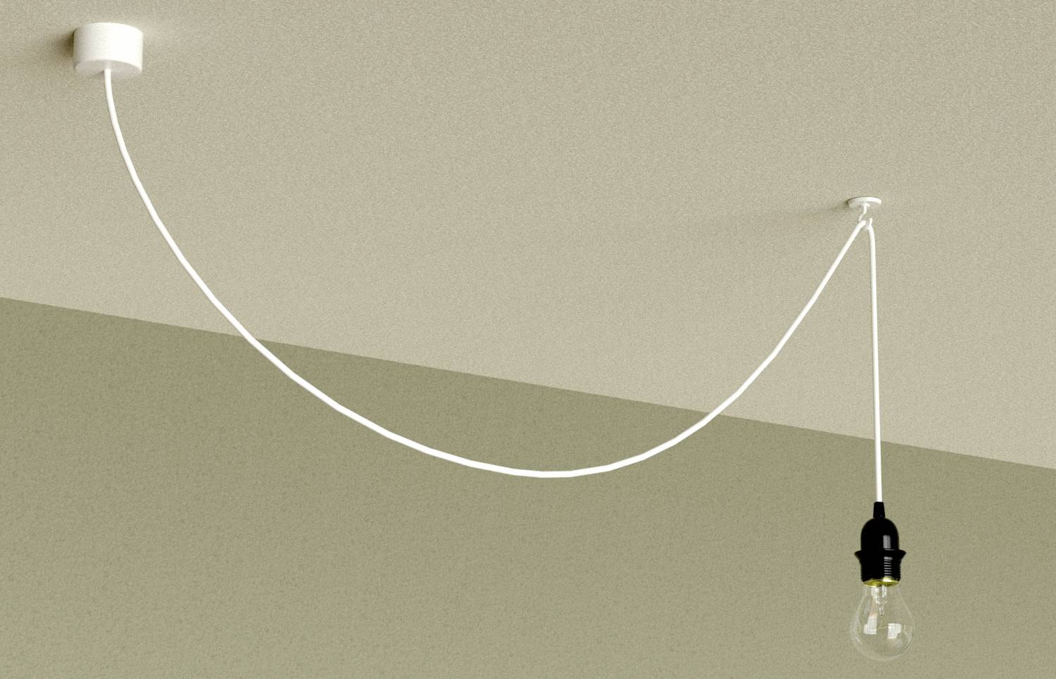 Un luminaire suspendu au bout d'un long câble retombant en arc doux, se terminant par une ampoule logée dans un support noir.