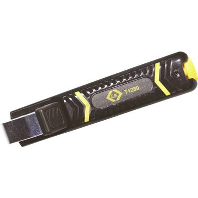 Couteau de sécurité noir avec roue jaune pour rentrer la lame. Inscription 'C.K T1280'.
