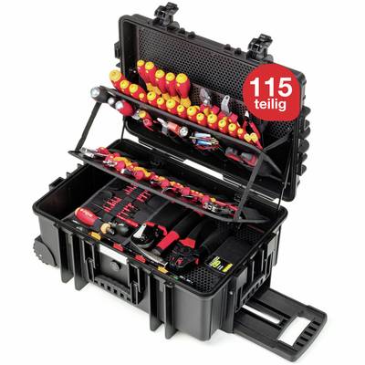 Mallette à outils contenant un ensemble de 115 outils, en position ouverte, montrant des tournevis, des pinces et d'autres outils manuels sur des plateaux dépliables.