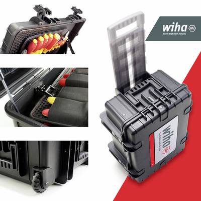 Boîte à outils avec poignée télescopique et roues, contenant divers outils. La marque 'Wiha' est visible en arrière-plan.