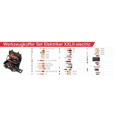 Coffret à outils Électricien XXLII electric avec illustration et liste d'outils électriques, incluant tournevis, pinces et appareils de mesure.