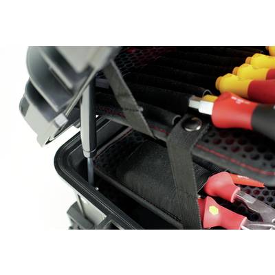 Une boîte à outils ouverte contenant des tournevis triés et des boucles de fixation, sur un fond clair.