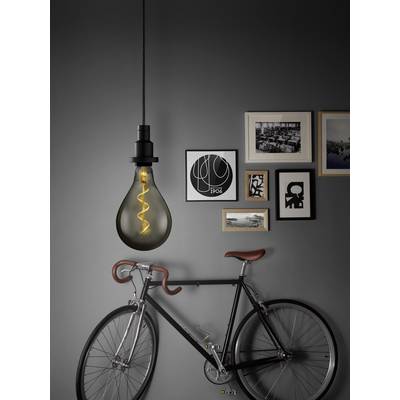 Un vélo est appuyé contre un mur gris, au-dessus duquel est suspendue une grande ampoule. Plusieurs tableaux encadrés sont accrochés au mur.