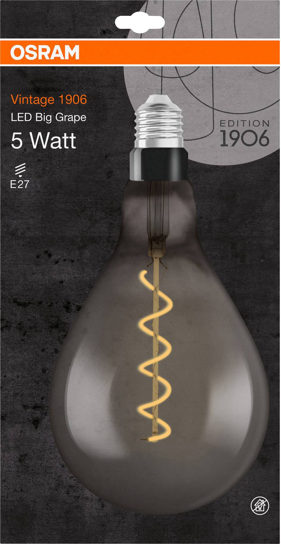 Emballage d'une ampoule LED OSRAM Vintage 1906. Culot E27, 5 watts, filament lumineux spiralé, fond noir.