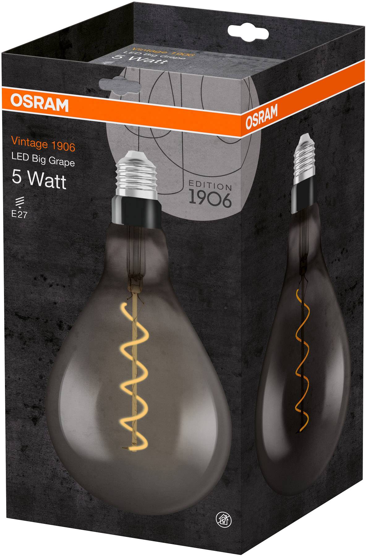 Un emballage pour une ampoule LED Osram Vintage 1906 Big Grape de 5 watts, avec douille E27, présente un design de filament en spirale.