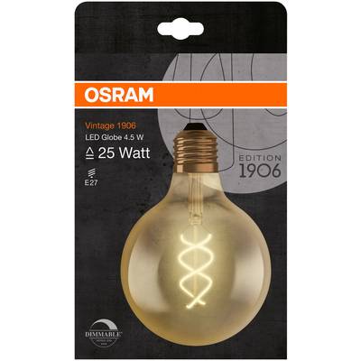 L'emballage présente une ampoule LED OSRAM de style vintage, 4,5 W, dimmable, culot E27, équivalent 25 watts, Édition 1906.