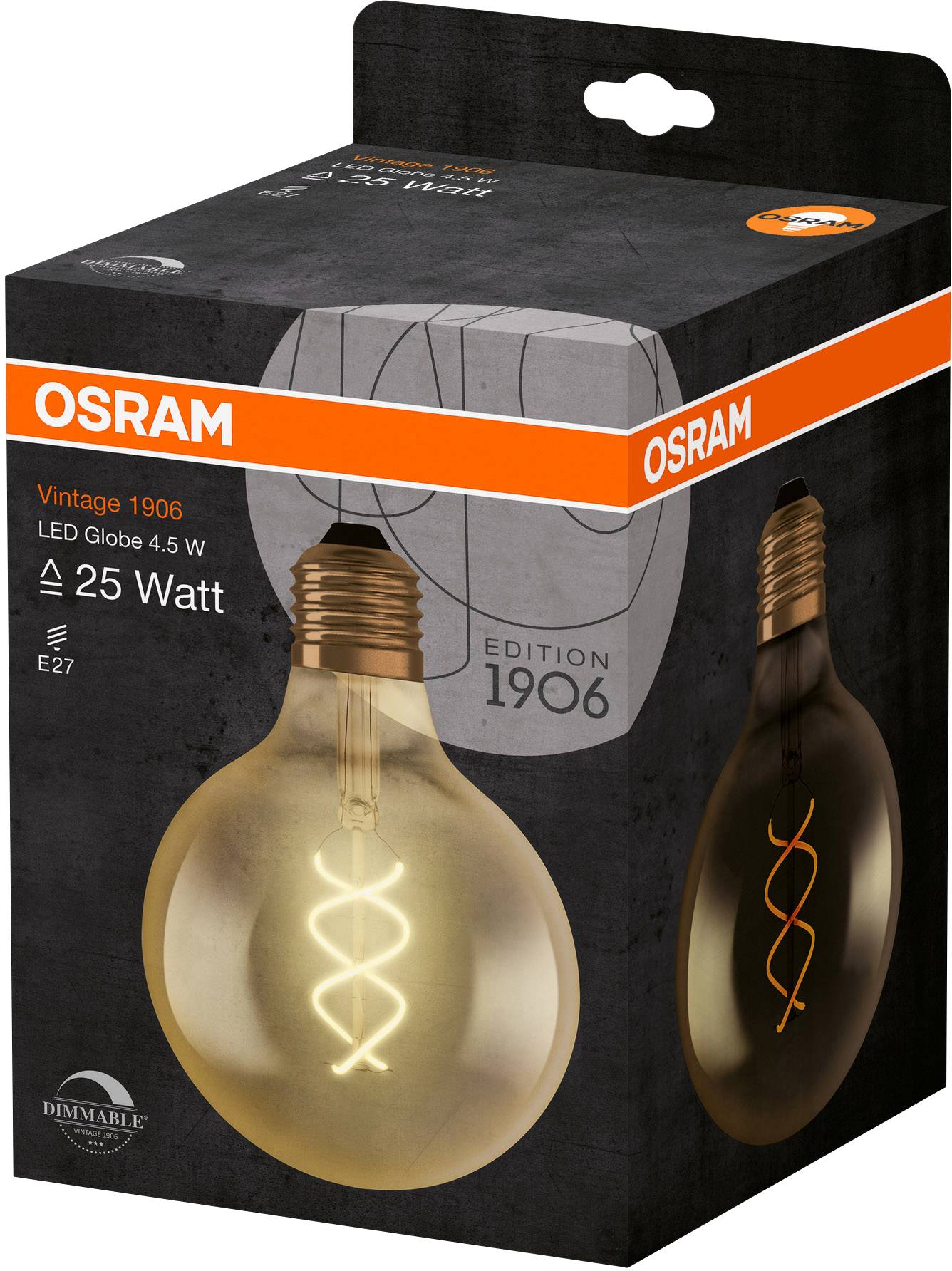 Ampoule LED Osram, Édition Vintage 1906, 4,5 W, Culot E27. L'image montre une ampoule décorative à filament.