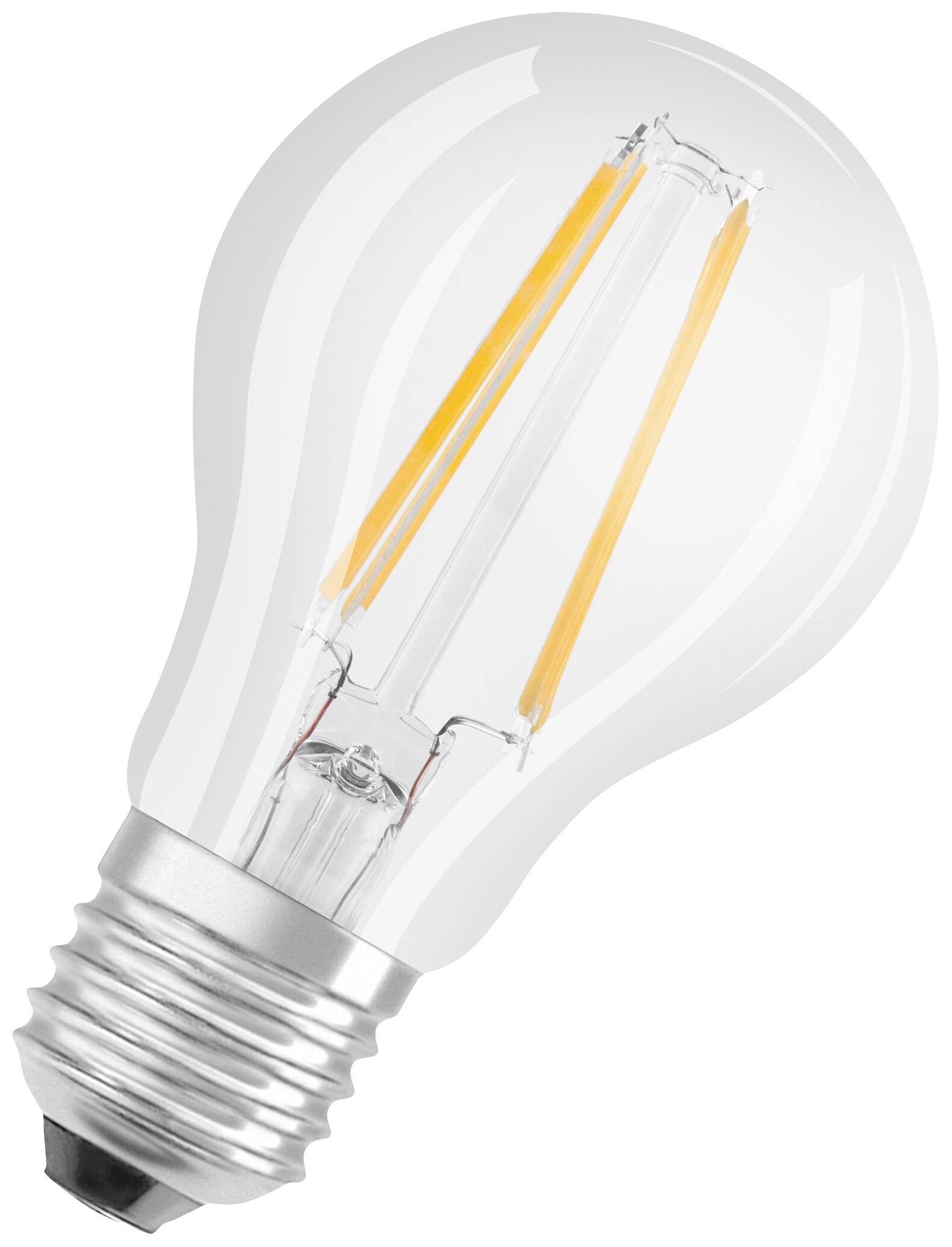 Une ampoule LED avec un culot argenté et des filaments visibles à l'intérieur, disposés de manière similaire à ceux d'une ampoule classique.