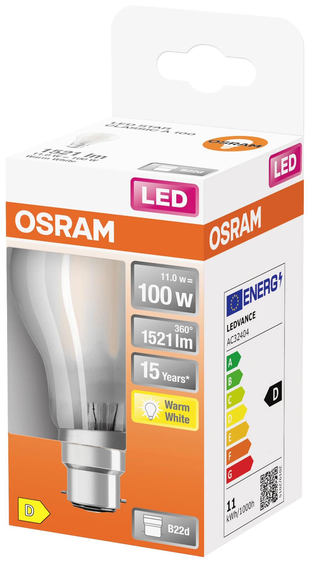 Lampe LED OSRAM, 100W, 1521 lumens, consommation de 11W, 'Blanc chaud', classe énergétique D, durée de vie de 15 ans, douille E27. L'emballage présente les détails du produit.