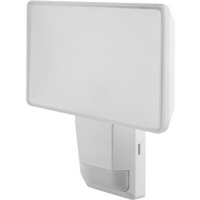Luminaire LED rectangulaire blanc avec un abat-jour lisse et mat. Monté sur un support court. Design minimaliste.